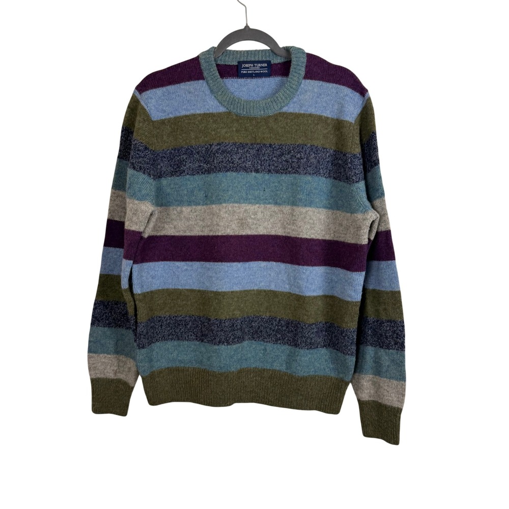 Joseph Turner Sweater Men L Multicolor Shetland Wool Striped Crew Neck (Flaw)‎